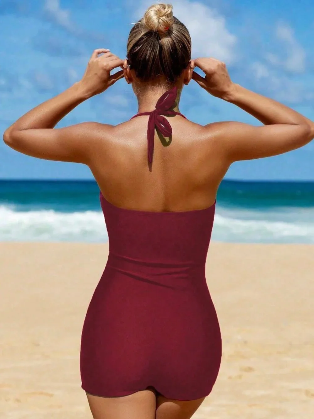 Burgundy Casual Women's Halter Neck Tie Strap One-Piece Swimsuit